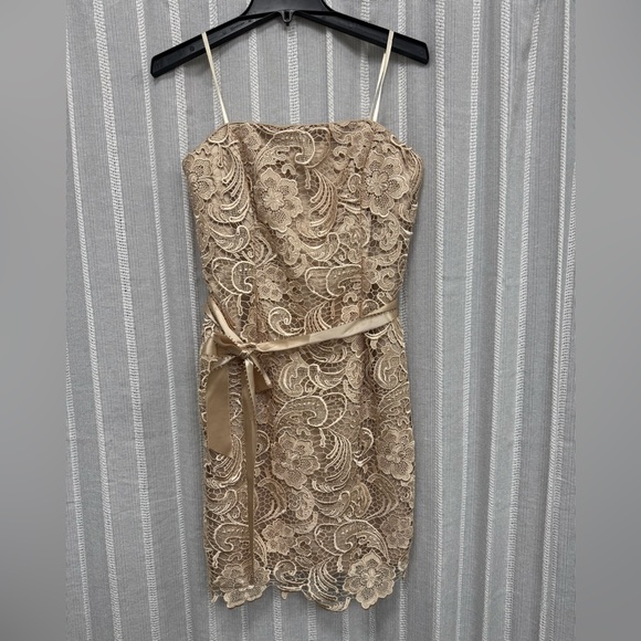 Adrianna Papell Dresses & Skirts - Adrianna Papell Strapless Embroidered Lace Cocktail Dress Gold Beige Size‎ 6 EUC
